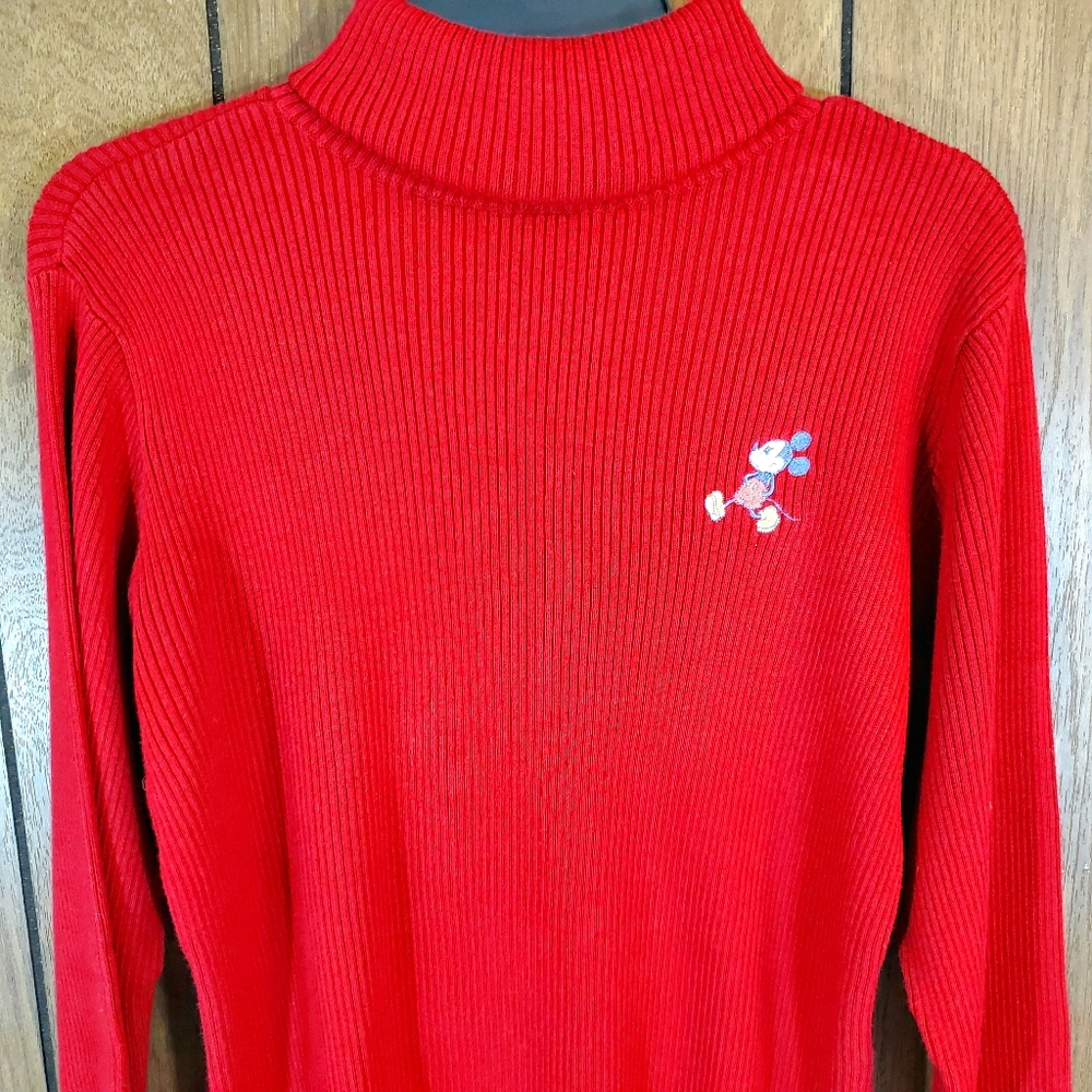 Disney Women's Red Ribbed Turtleneck Sweater with Mickey Embroidery